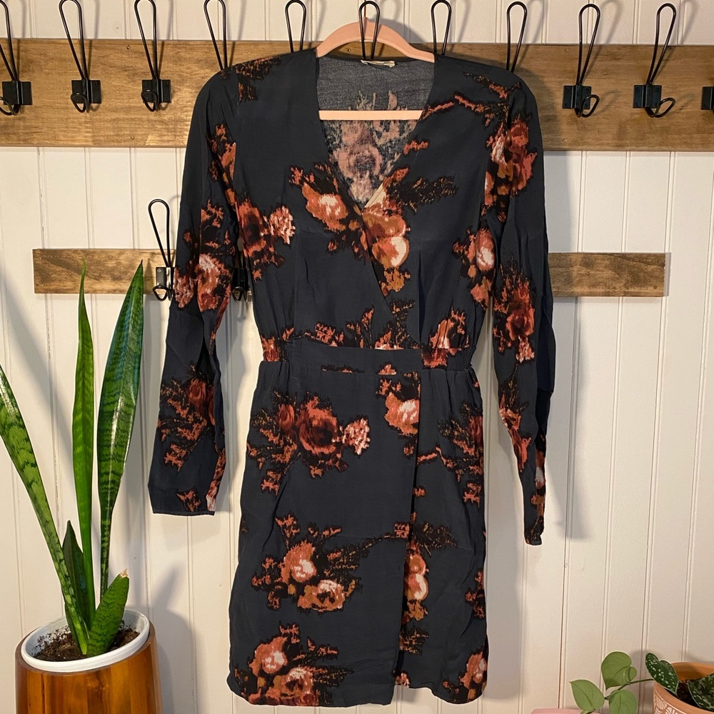 Navy blue floral long sleeve faux wrap dress